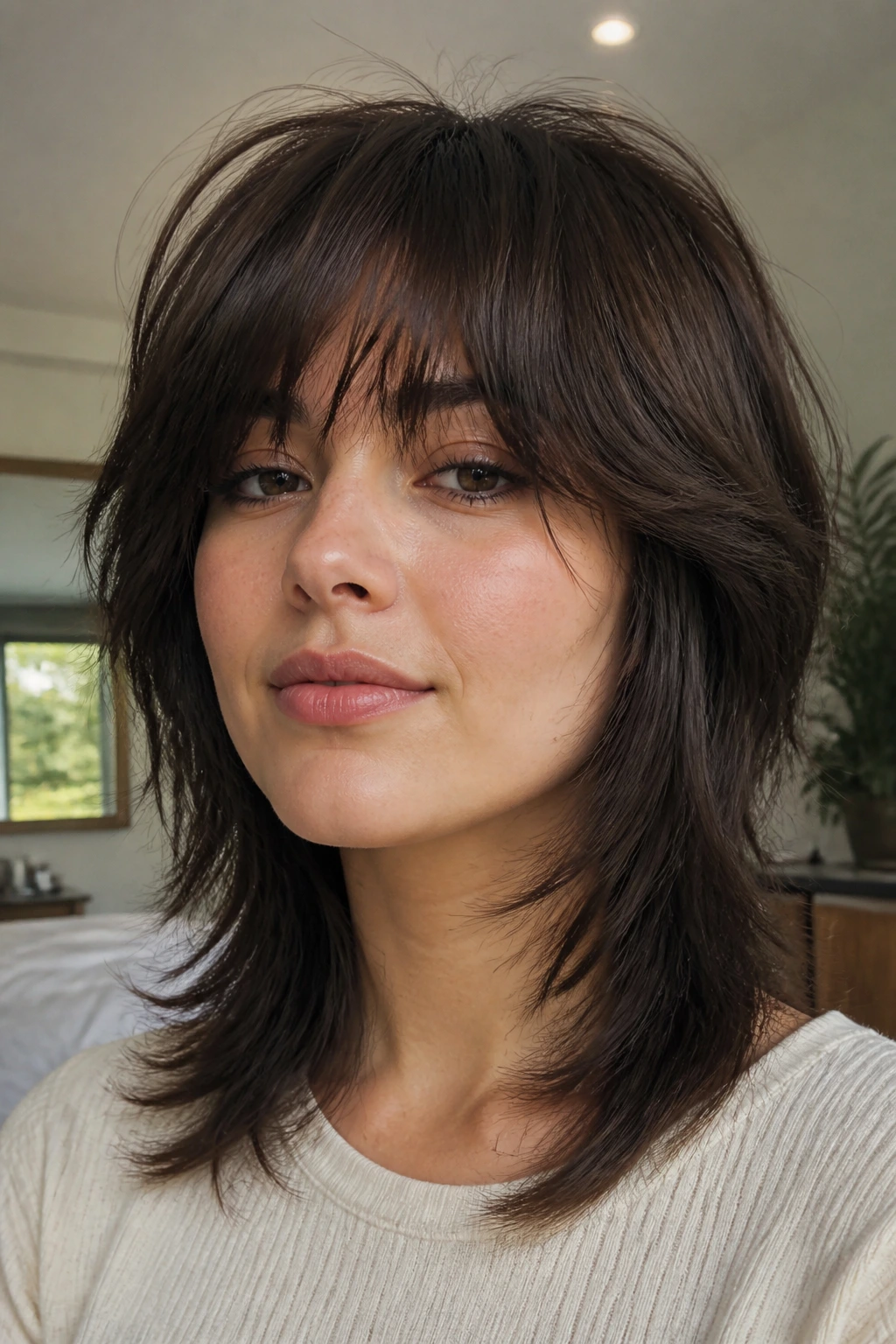Close-up of a woman with razor-soft wolf cut and airy ends in natural light