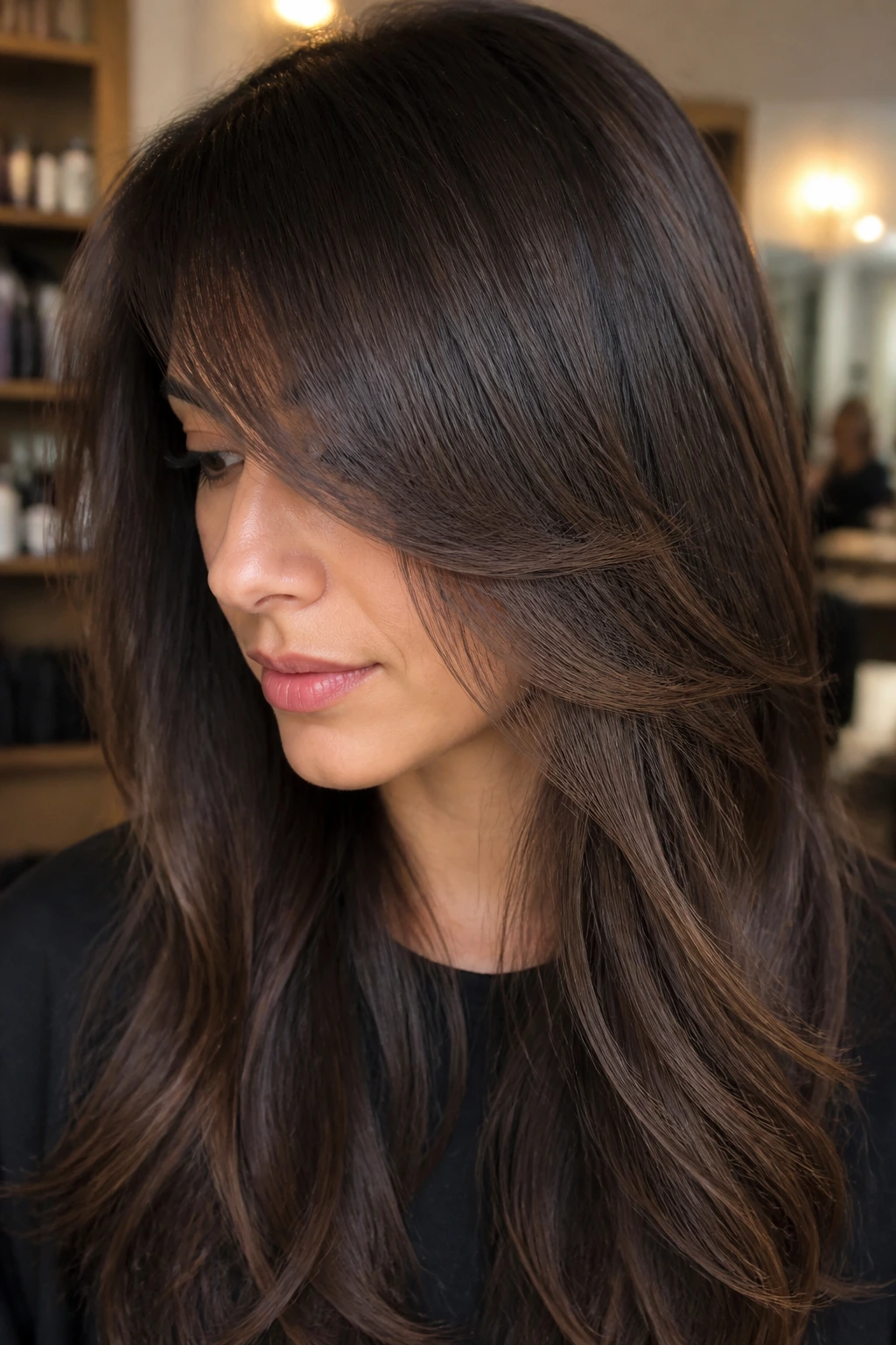 Portrait of a real woman with razor-softened fringe edge in a warm salon