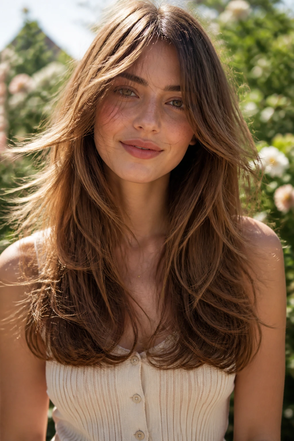 Real woman with razor-softened feathered layers in a sunlit garden