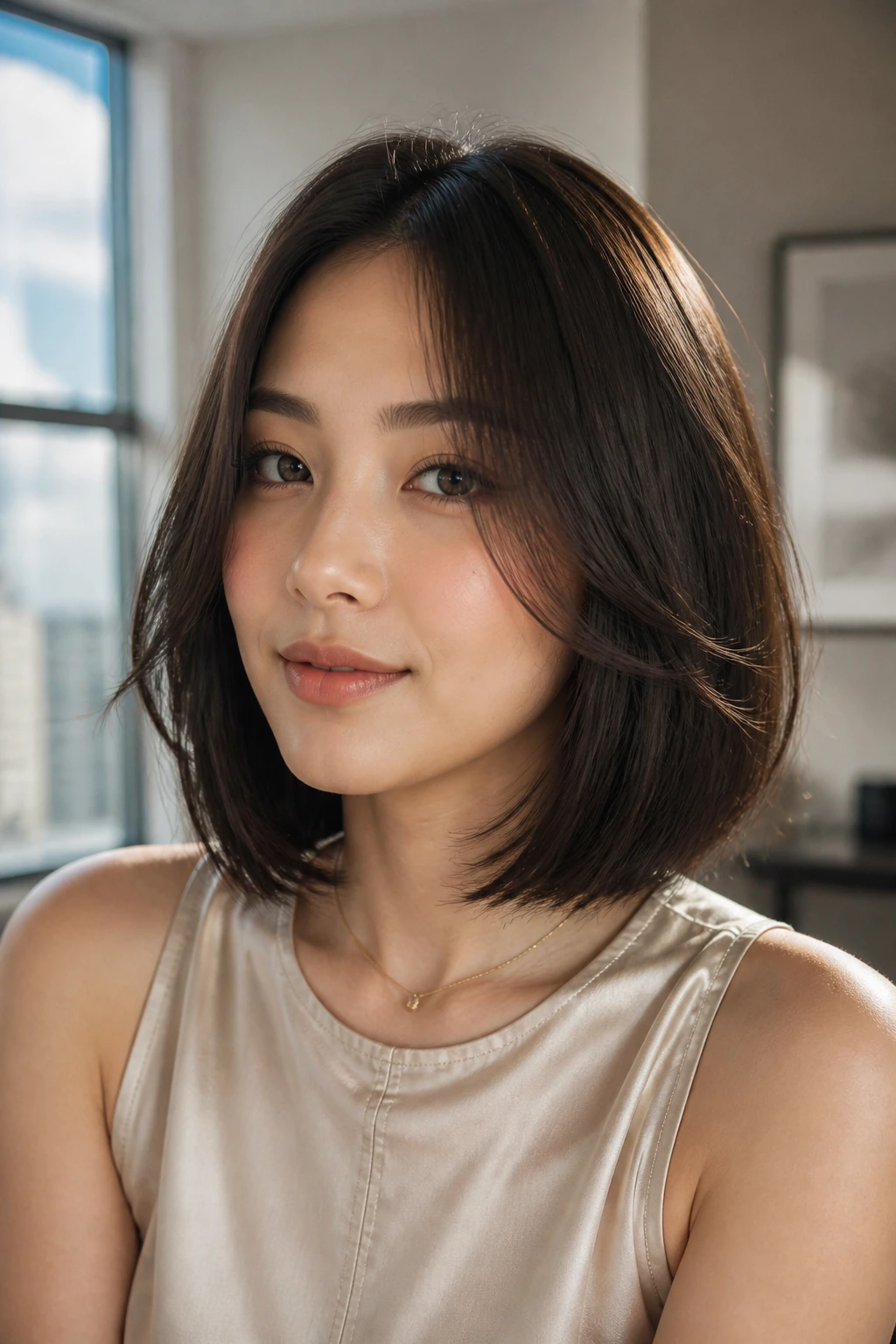 Close-up of a real woman with a razor-softened lob showing a gentler perimeter and moved texture.