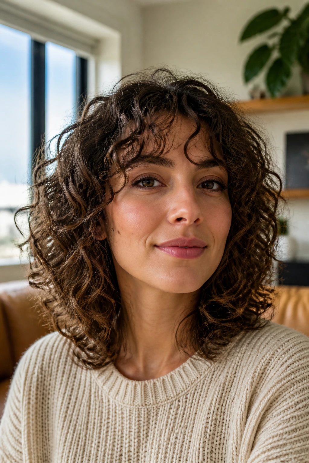 Portrait of a woman with razor-softened mid-length curly hair and airy ends.