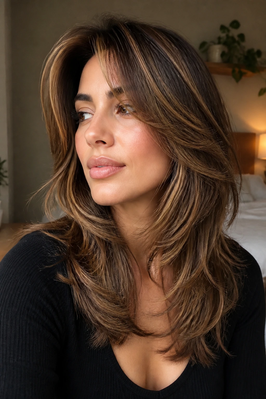 Close-up of a real woman with razor-textured layers and airy ends with caramel highlights