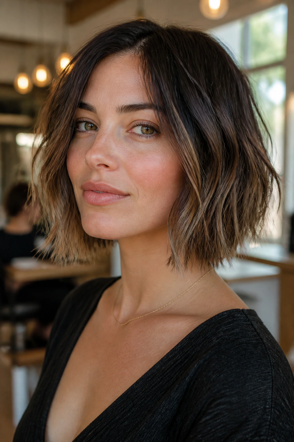 Close-up of a real woman wearing a razor-textured lob below the jaw, showing jagged ends.