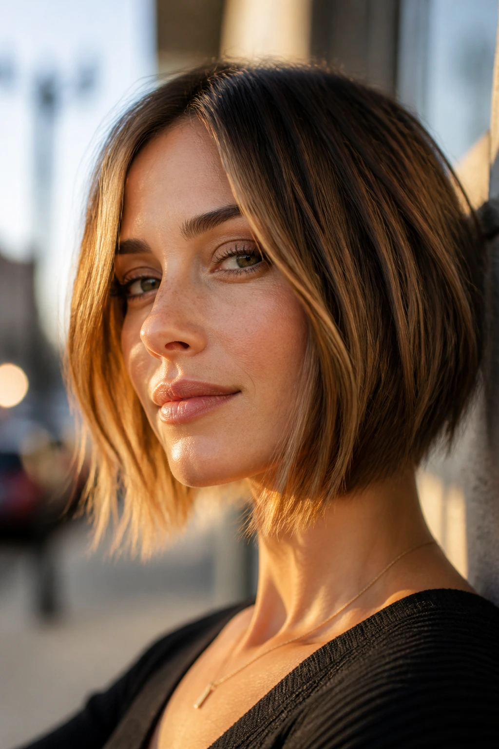 Real woman with razor-textured ends and airy movement in an A-line bob