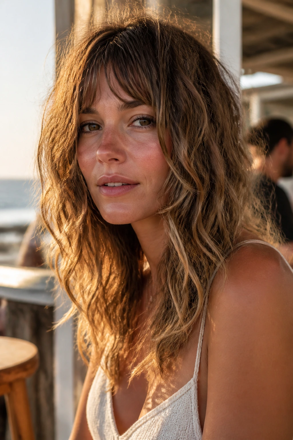 Close-up of razor-textured beach shag on thick wavy hair