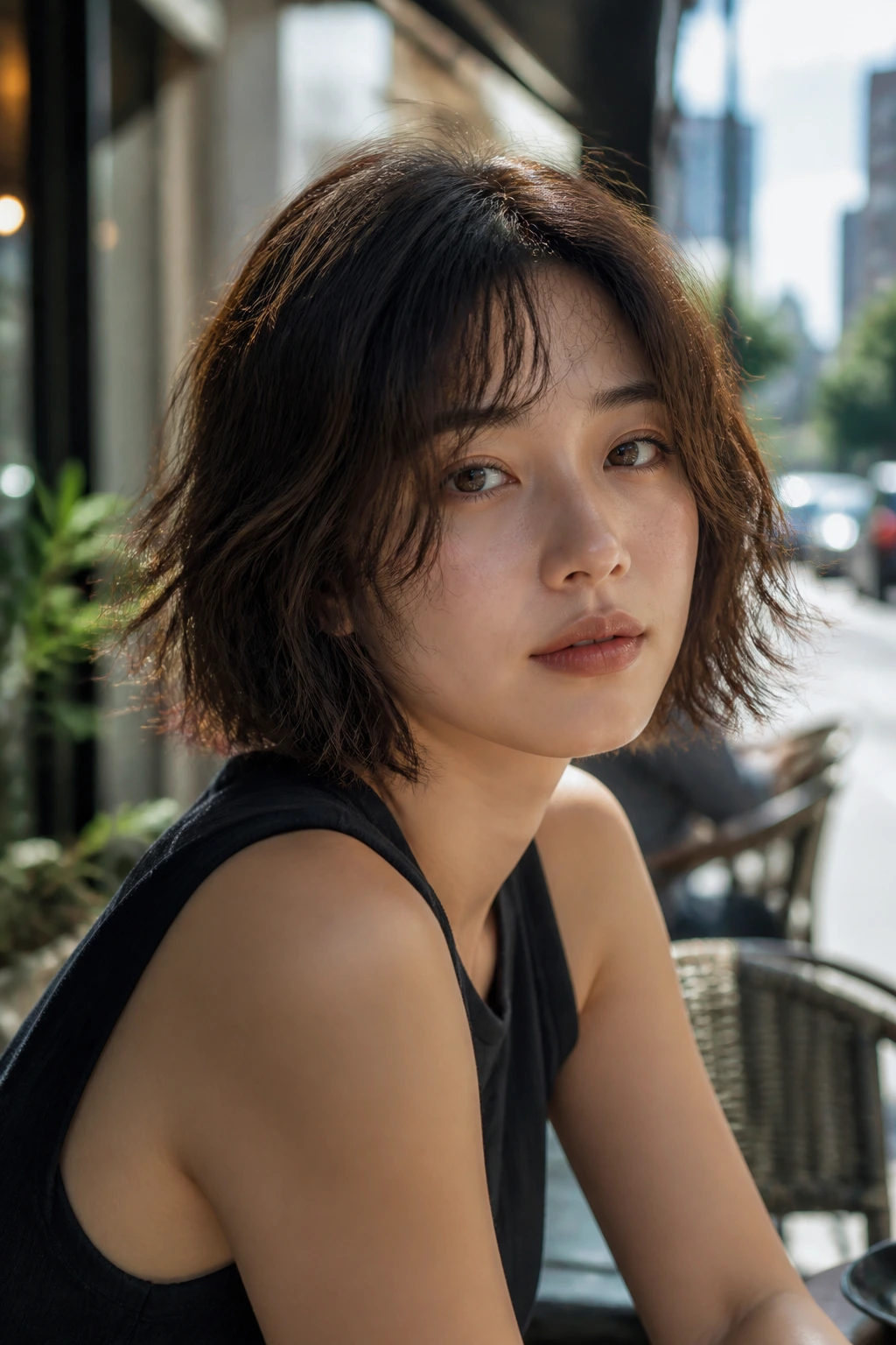 Close-up of a real woman with a razor-textured bob showing piecey ends