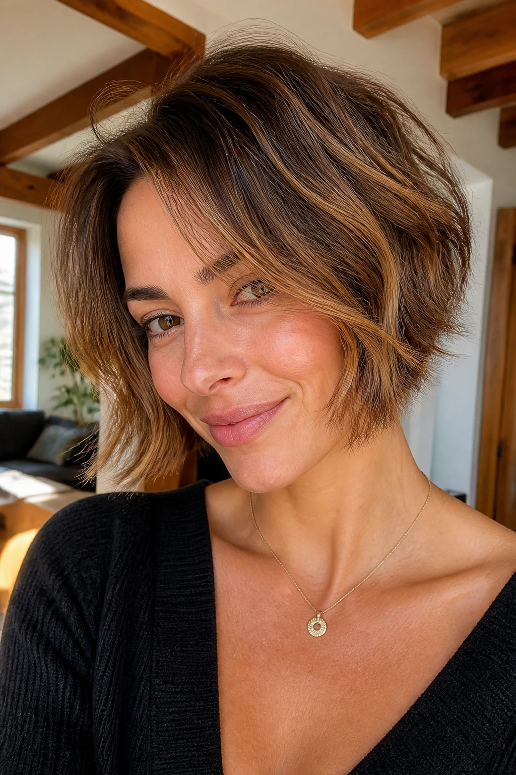 Close-up of a woman with razor-textured bob ends and soft waves