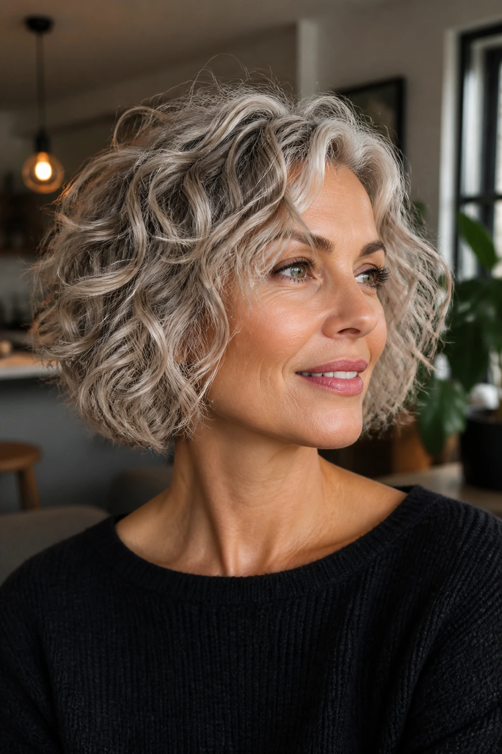 Close-up of a woman with a razor-textured modern bob in a cozy apartment