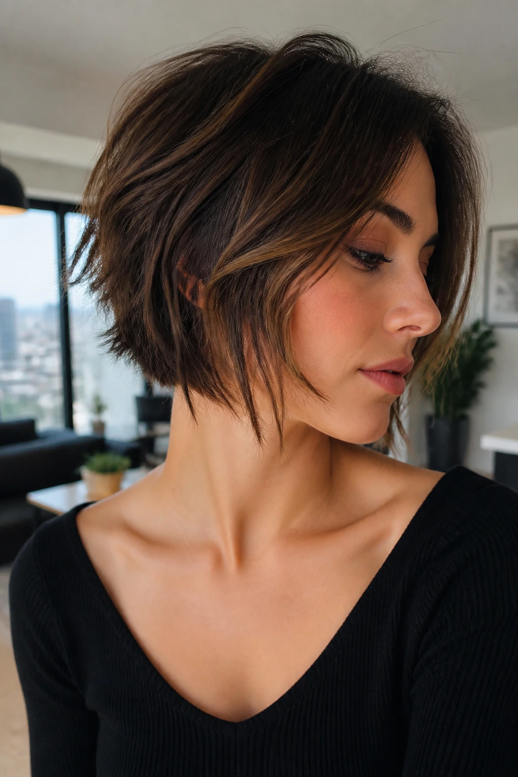 Real woman with razor-textured bob and piecey ends in warm interior light
