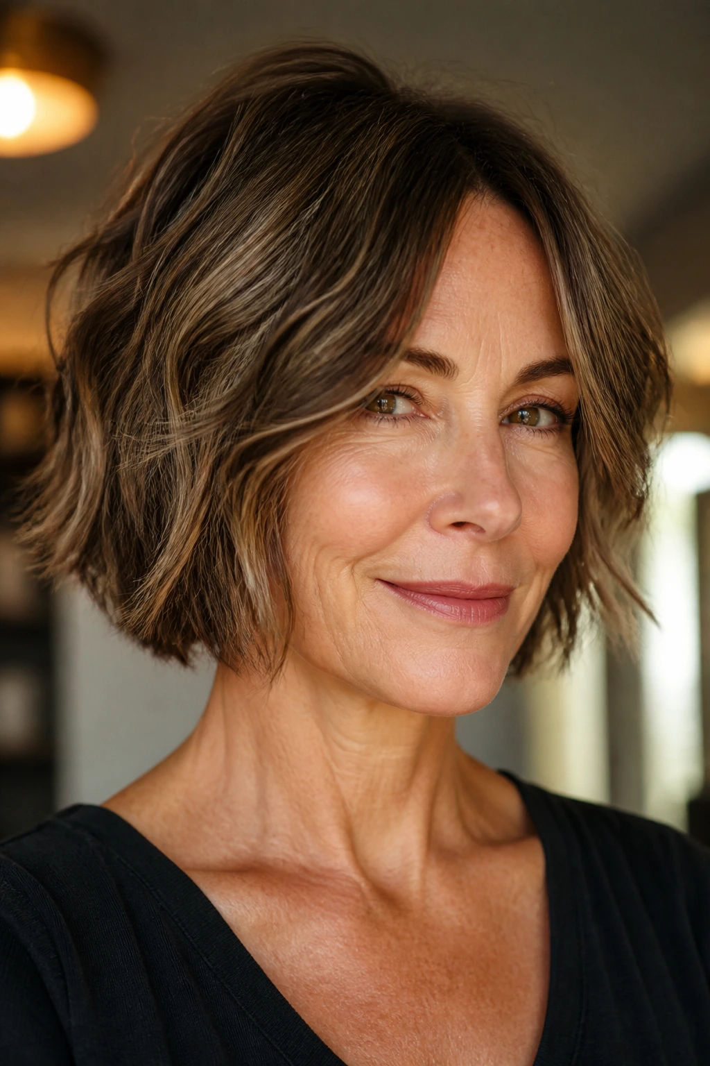 Real woman with razor-textured bob and piecey ends