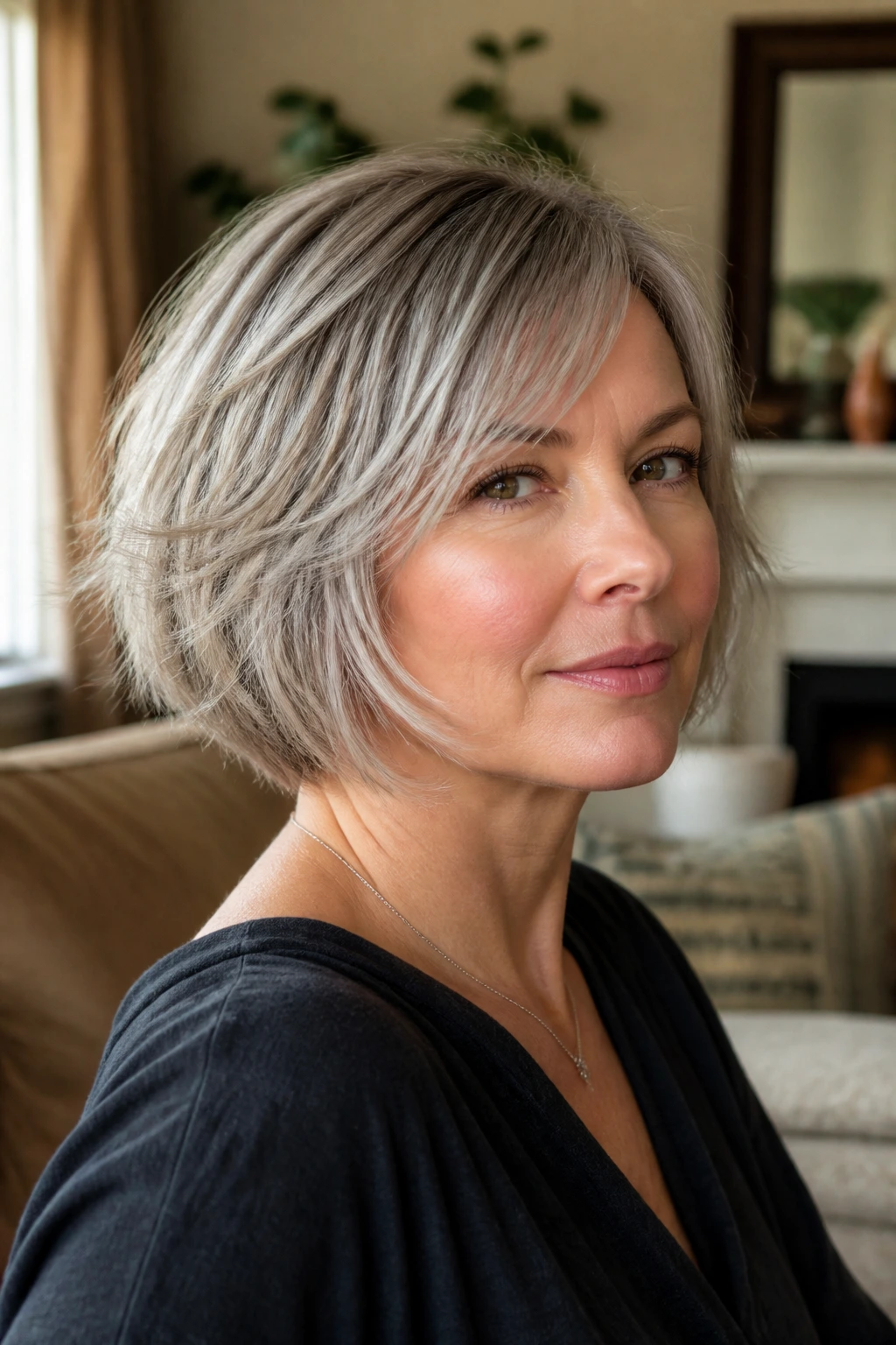 Close-up portrait of a real woman with a razor-textured bob and feathered ends in warm natural light