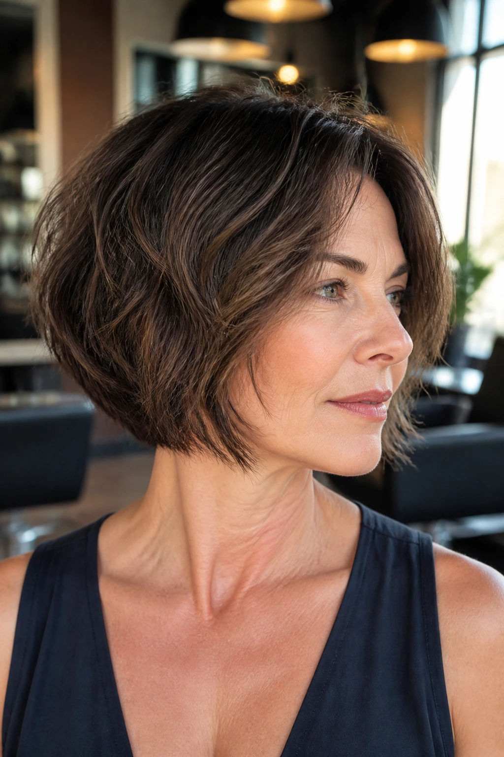 Close-up portrait of a real woman with a razor-textured bob and thick hair