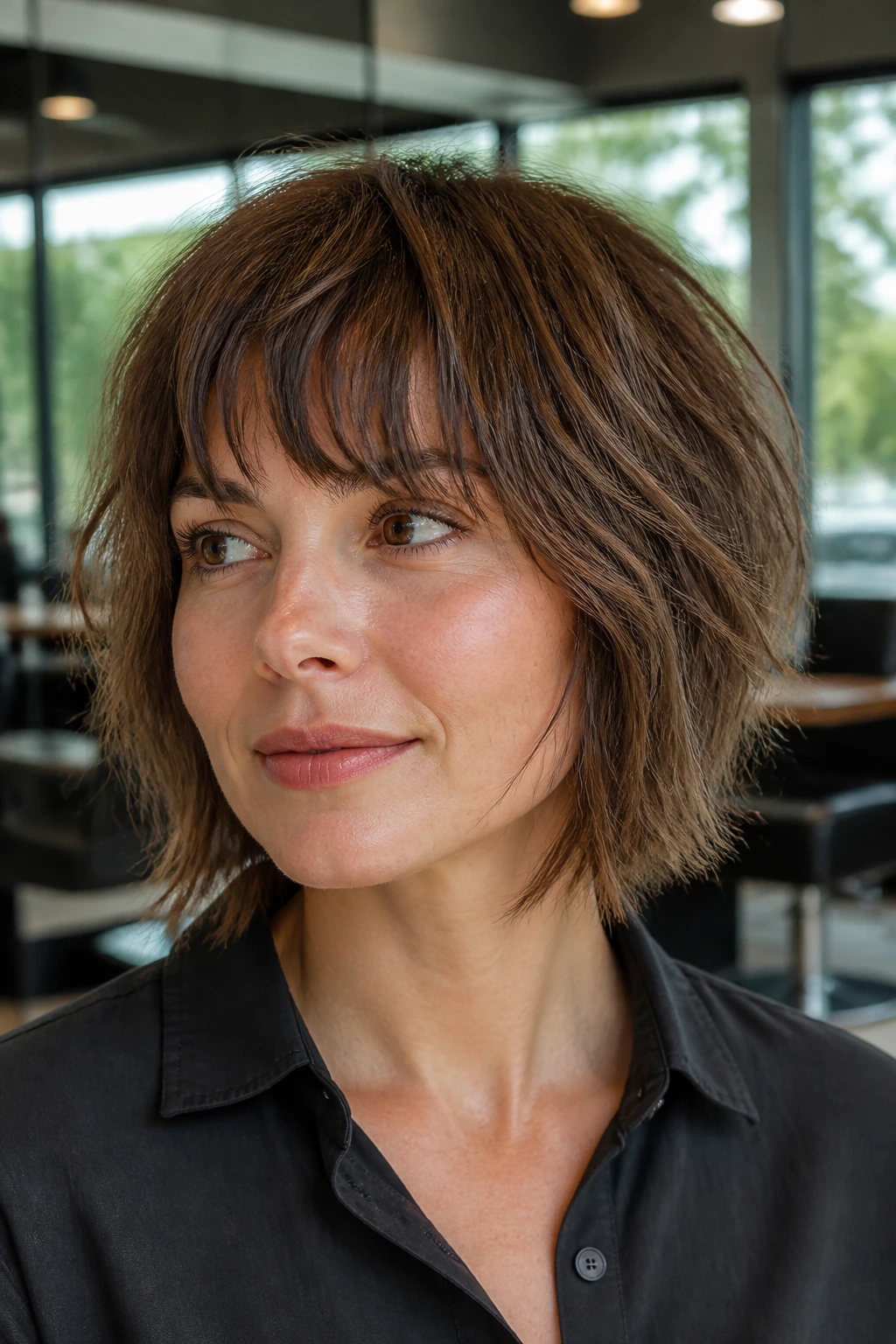 Real woman with razor-textured bob shag in sunlit salon, blunt perimeter and textured interior.
