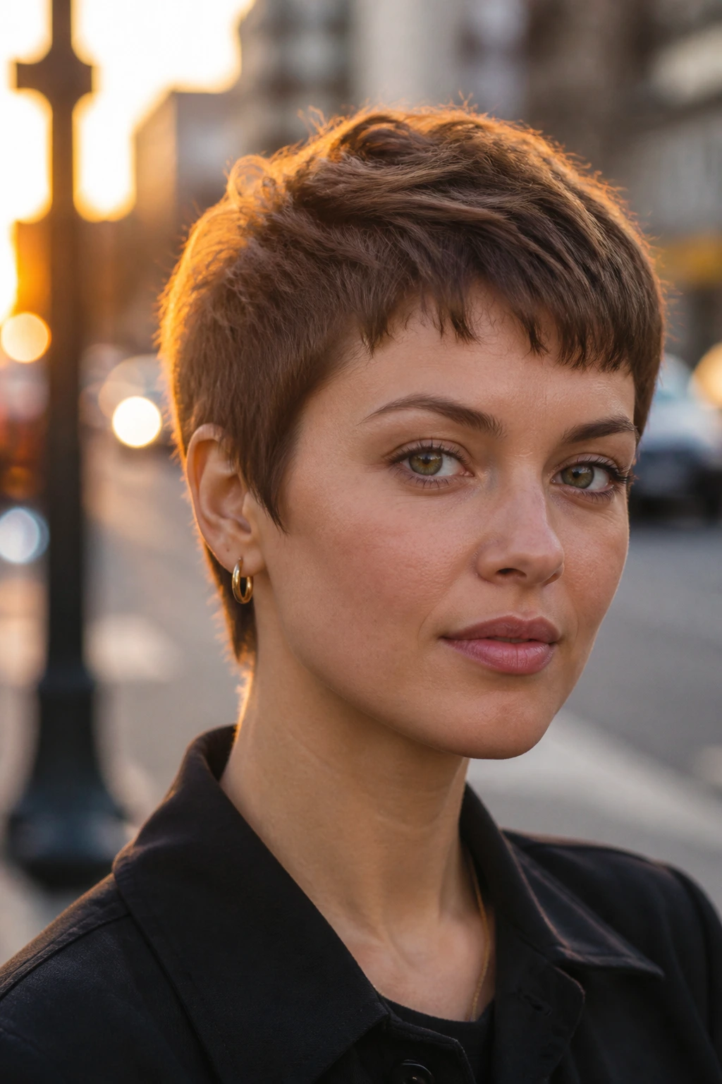 Close-up of a real person with a razor-textured crop in warm city light.