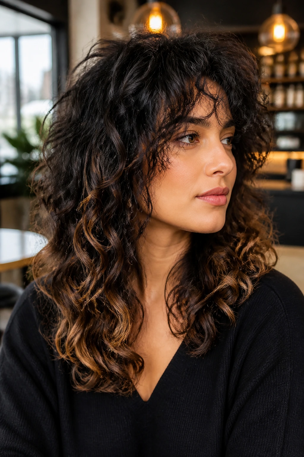 Close-up of a real woman with razor-textured curls and sable ends