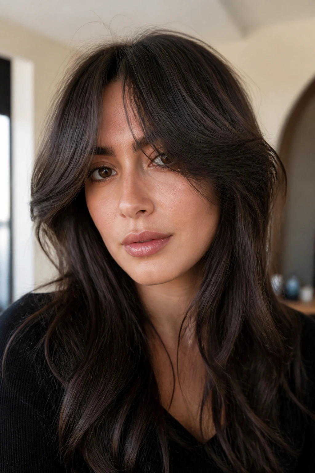 Close-up portrait of a real person with razor-textured curtain bangs on coarse hair