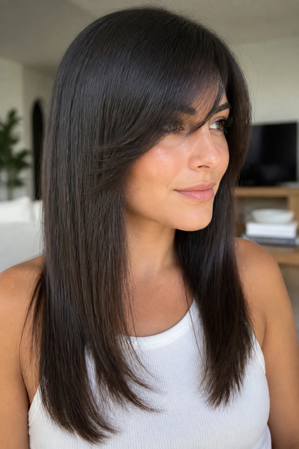 Close-up portrait of a real woman with razor-textured ends on straight hair