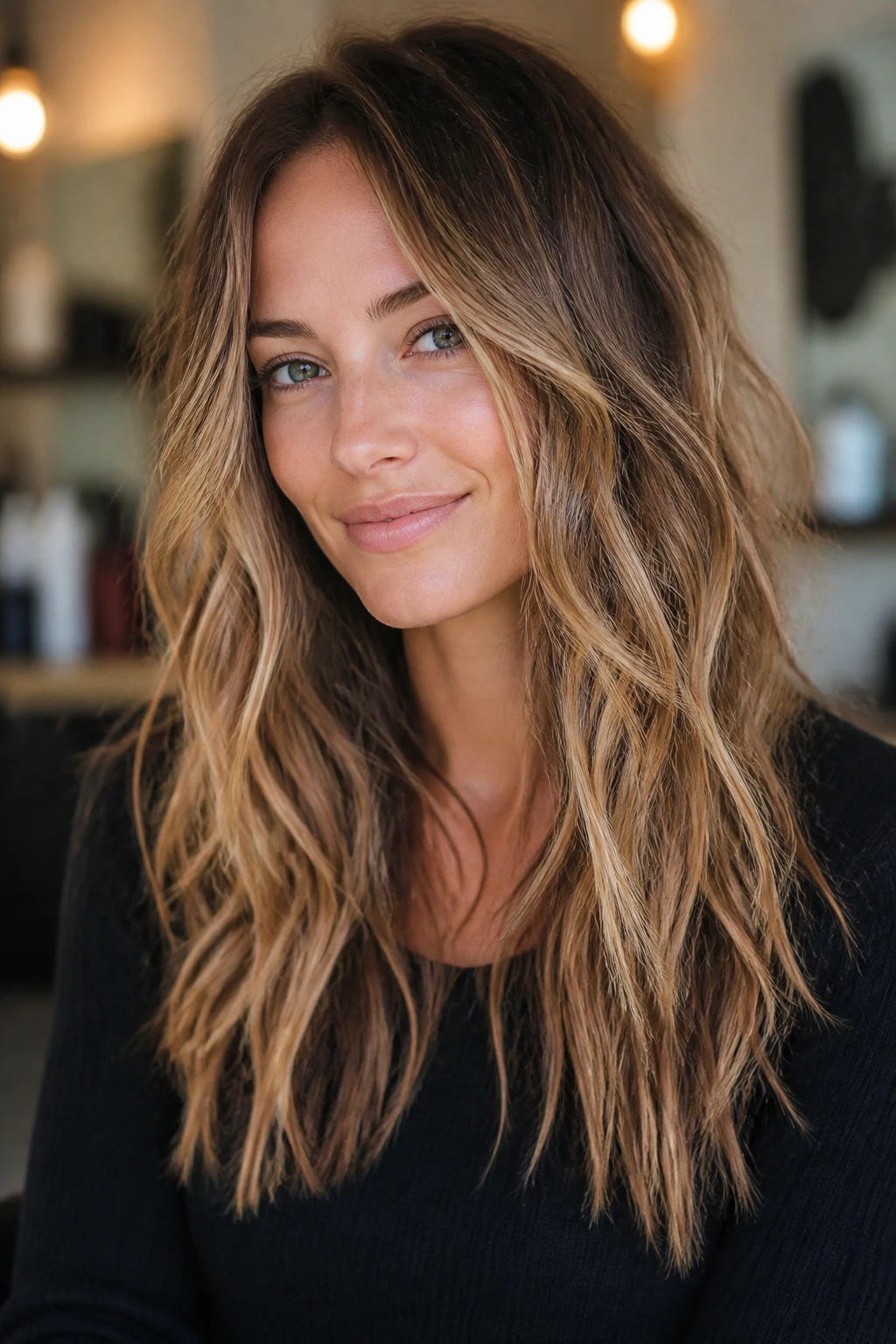 Portrait of a real woman with razor-textured ends and broken waves.