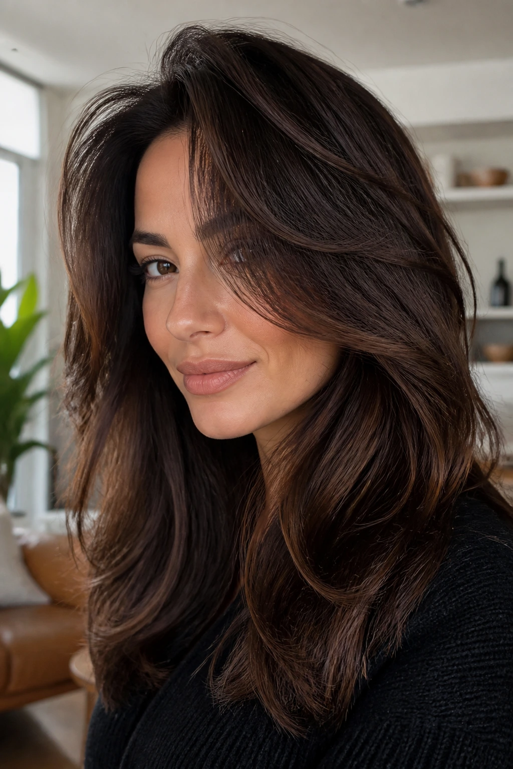 Close-up of a real woman with a razor-textured face frame on dense hair.