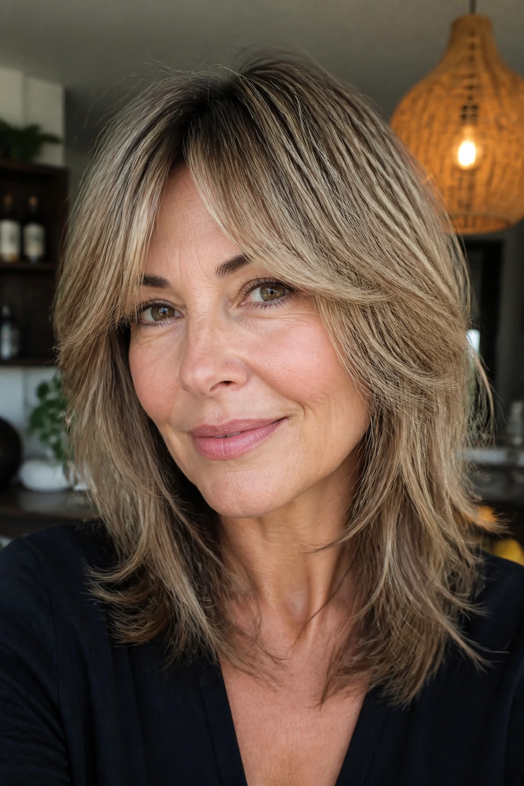 Close-up of a real woman with bottleneck bangs and razor-textured layers