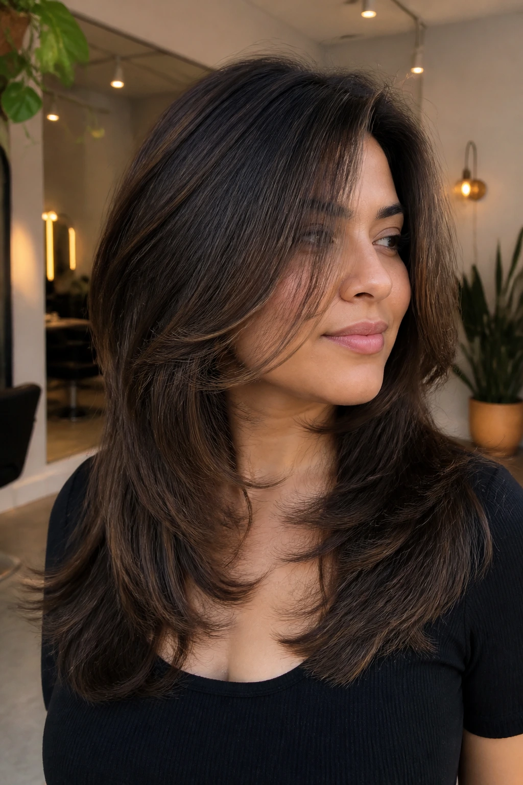 Close-up portrait of a real person with razor-textured layers on dense hair
