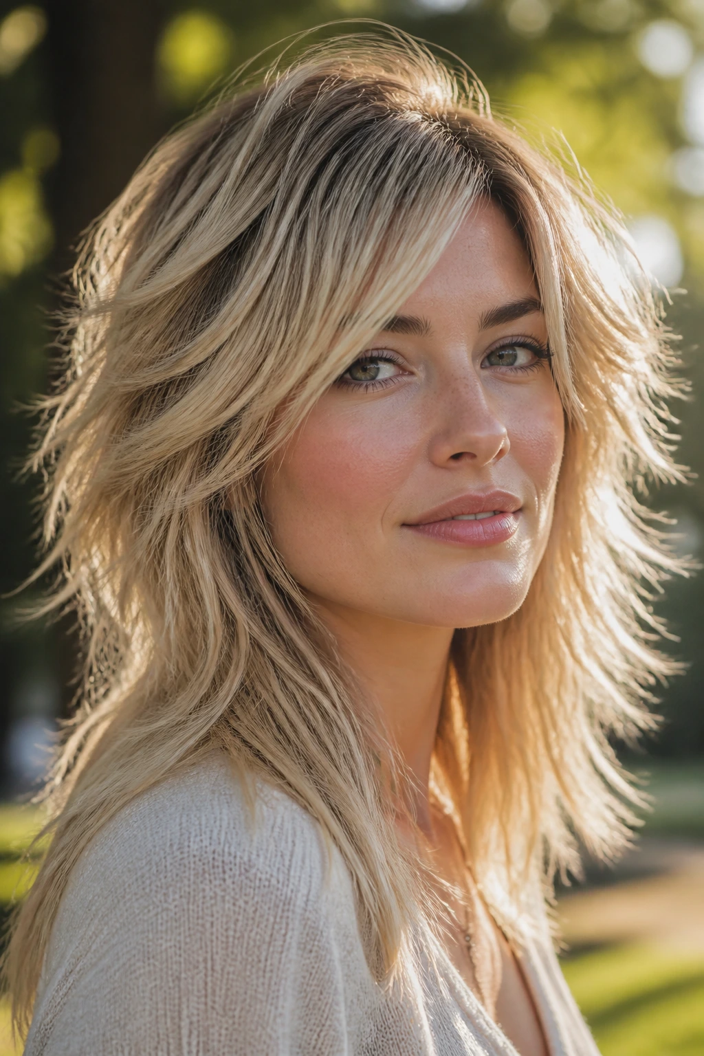 Close-up portrait of a real woman with razor-textured layers in sandy blonde