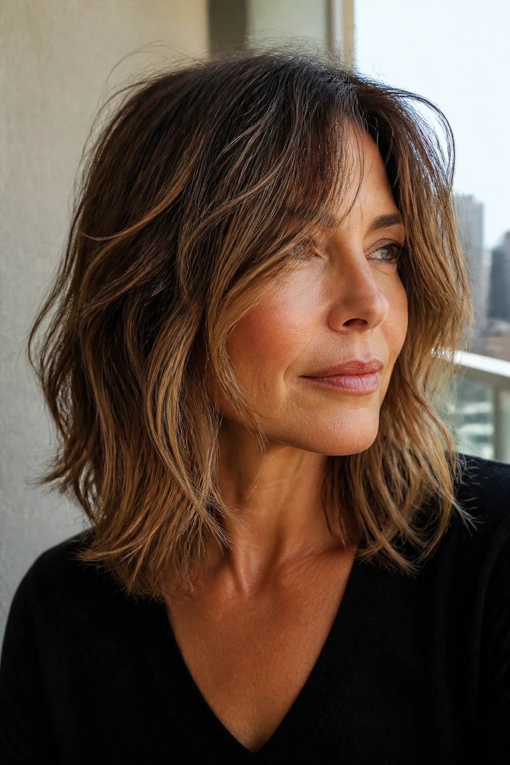 Close-up portrait of a woman with razor-textured lob showing wispy front layers and airy motion.
