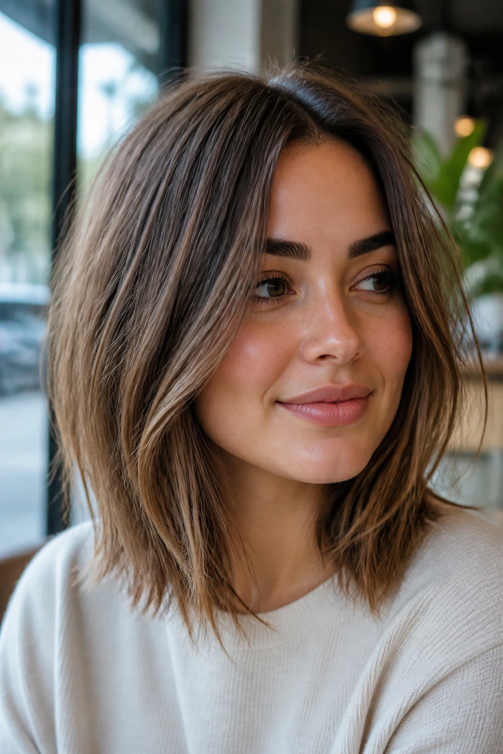 Close-up portrait of a person with razor-textured lob and airy movement.