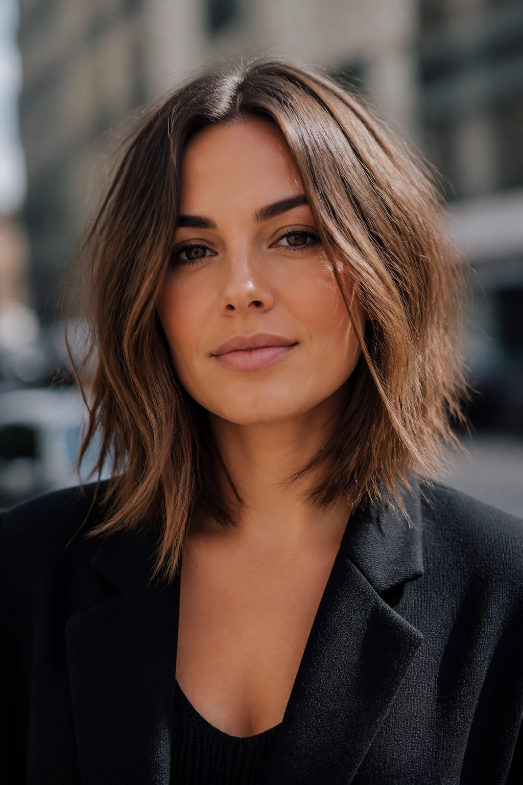 Close-up of a woman with a razor-textured lob on thick hair and a square face