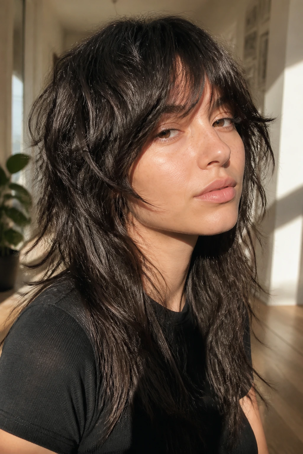 Portrait of a real person with razor-textured long shag, carved mid-lengths and soft ends.