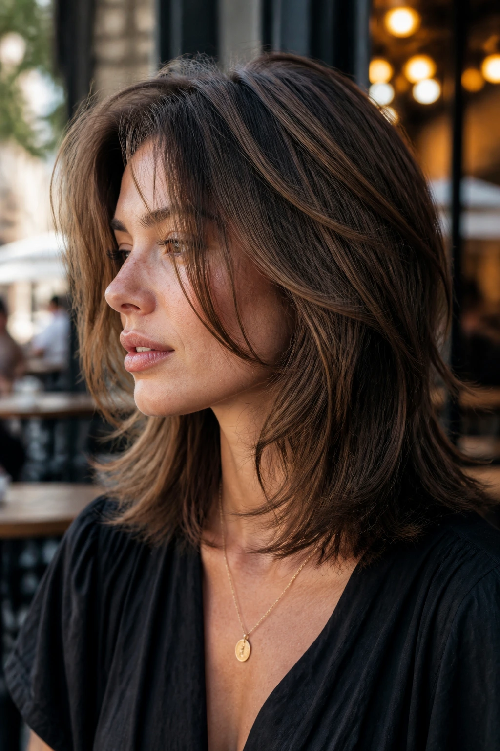 Portrait of a person with razor-textured medium-length hair