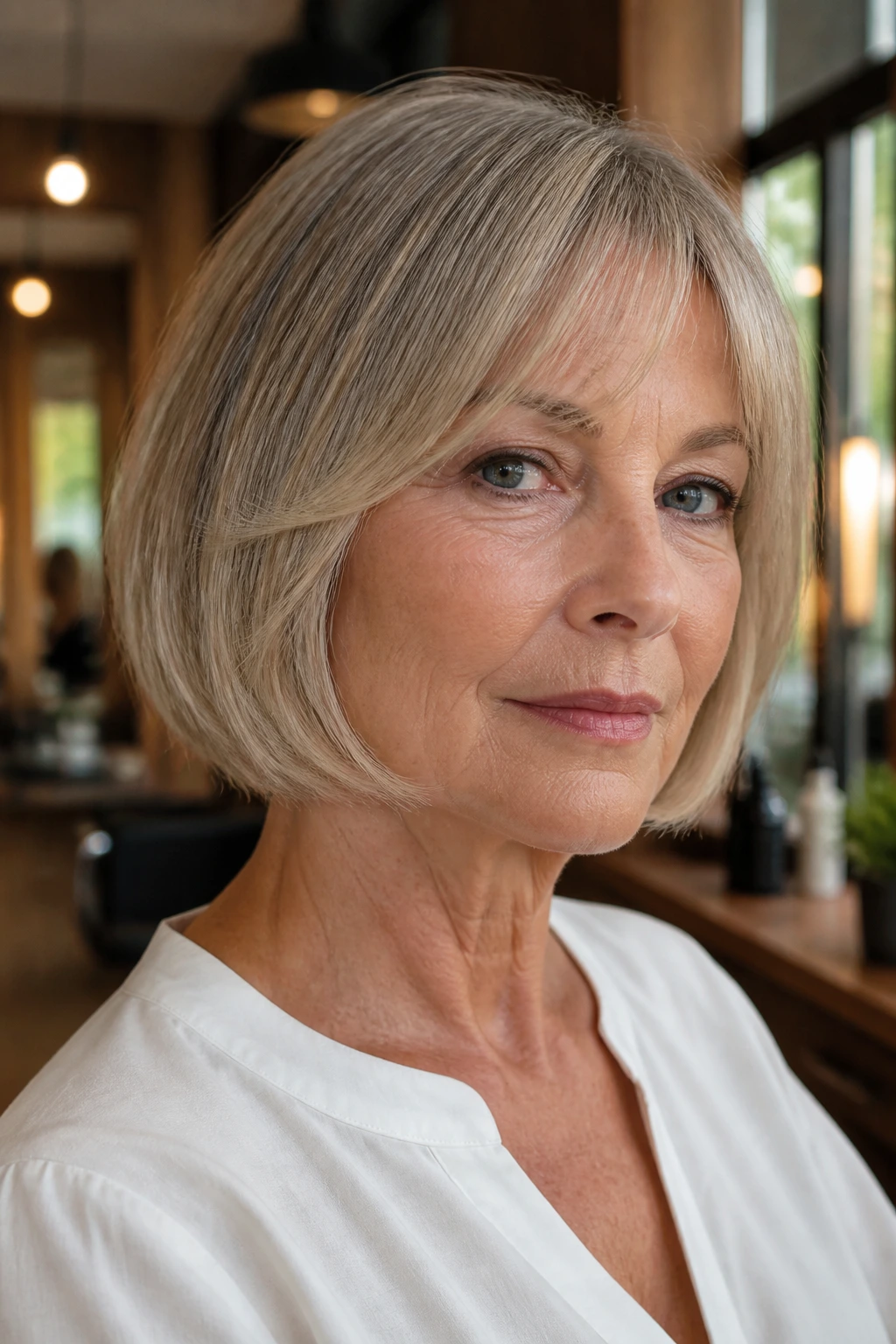 Close-up of a woman with razor-textured pageboy showing subtle texture at the ends in a salon