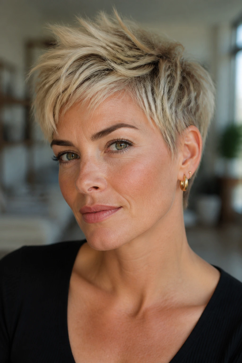 Portrait of a person with razor-textured blonde pixie showcasing variation