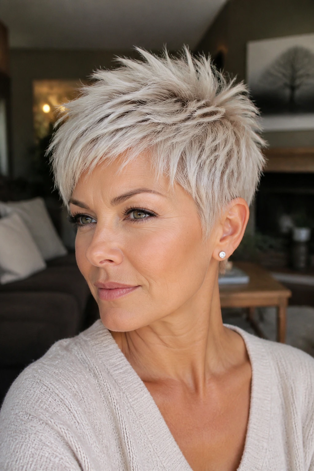 Close-up of a real woman with razor-textured pixie in platinum blonde