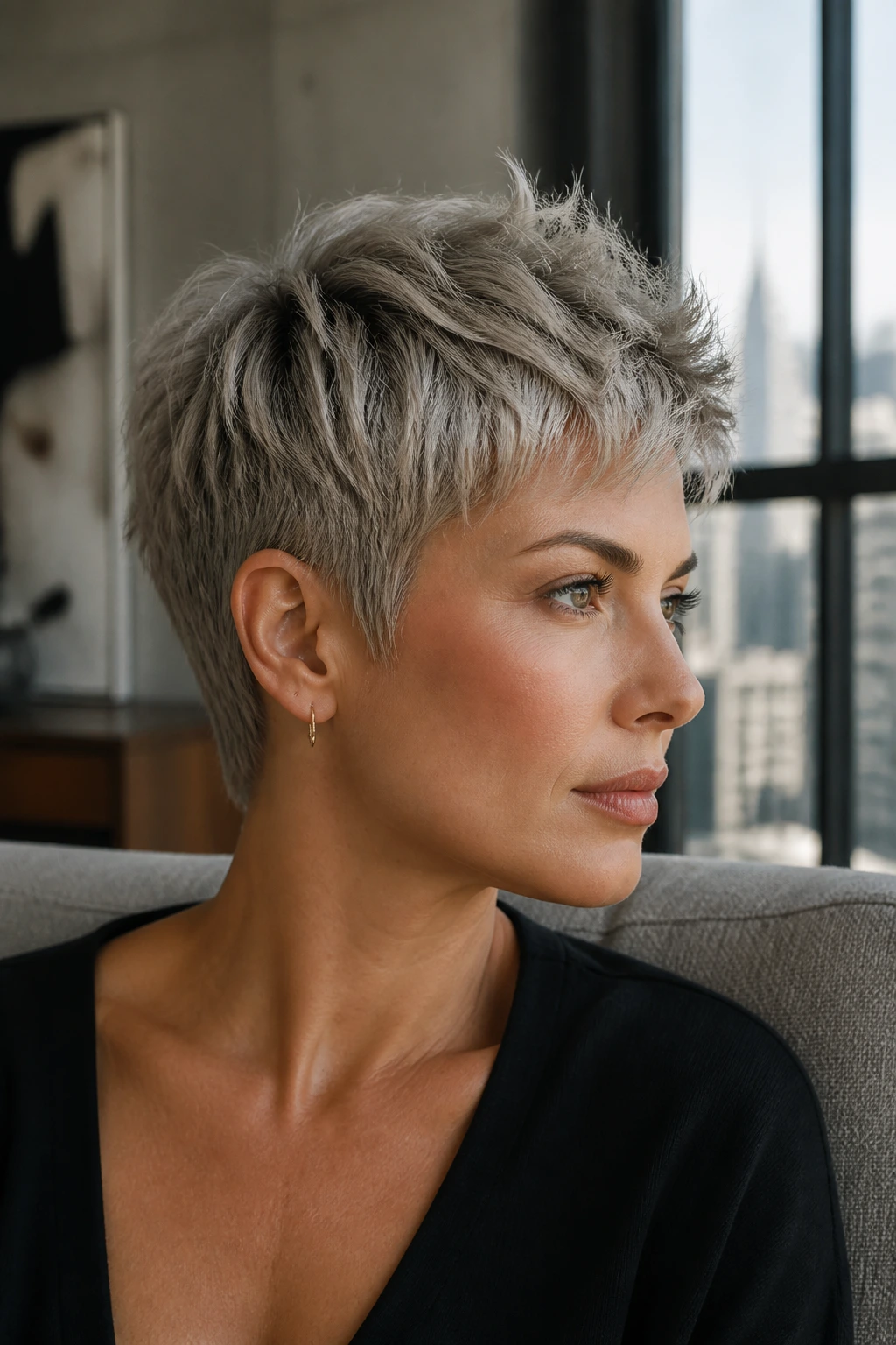 Close-up of a woman with a razor-textured pixie haircut showing soft textured ends