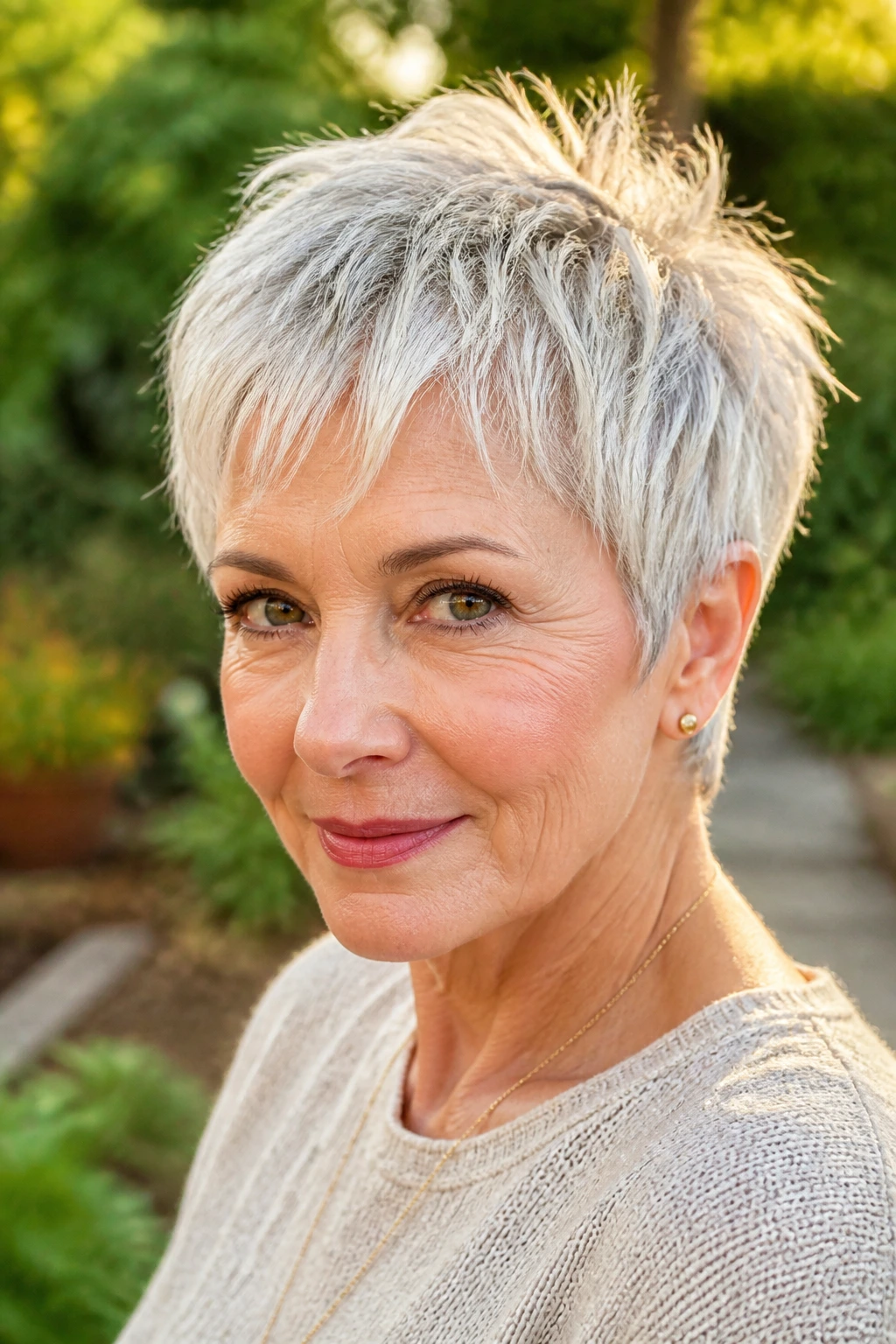 Real woman with silver pixie cut featuring razor texture in sunny garden light.