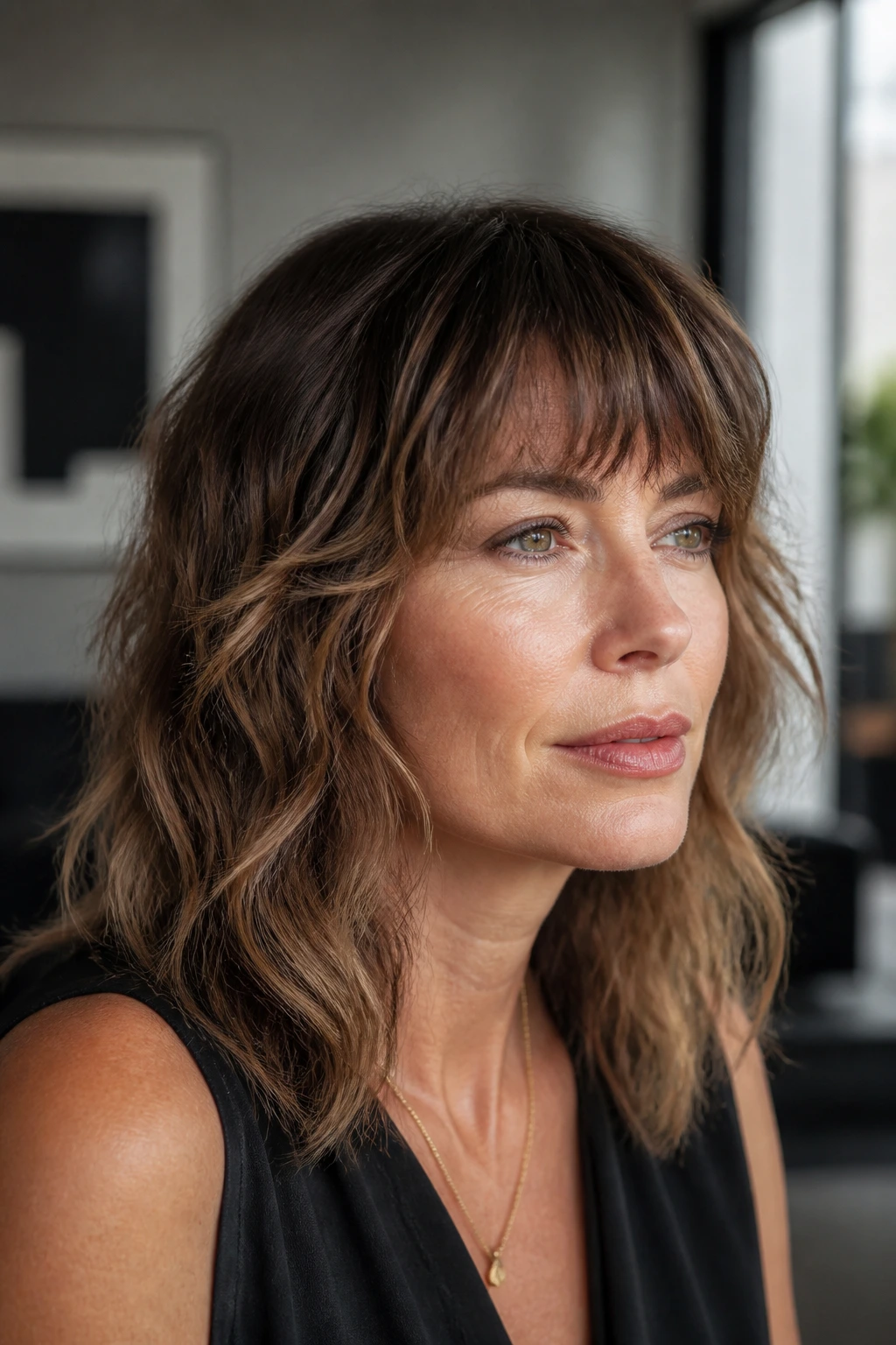 Real woman with razor-textured shag bangs in an urban apartment setting