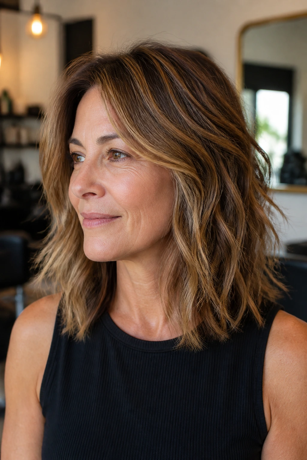 Close-up of a woman with a razor-textured shoulder-length cut and caramel highlights in a salon