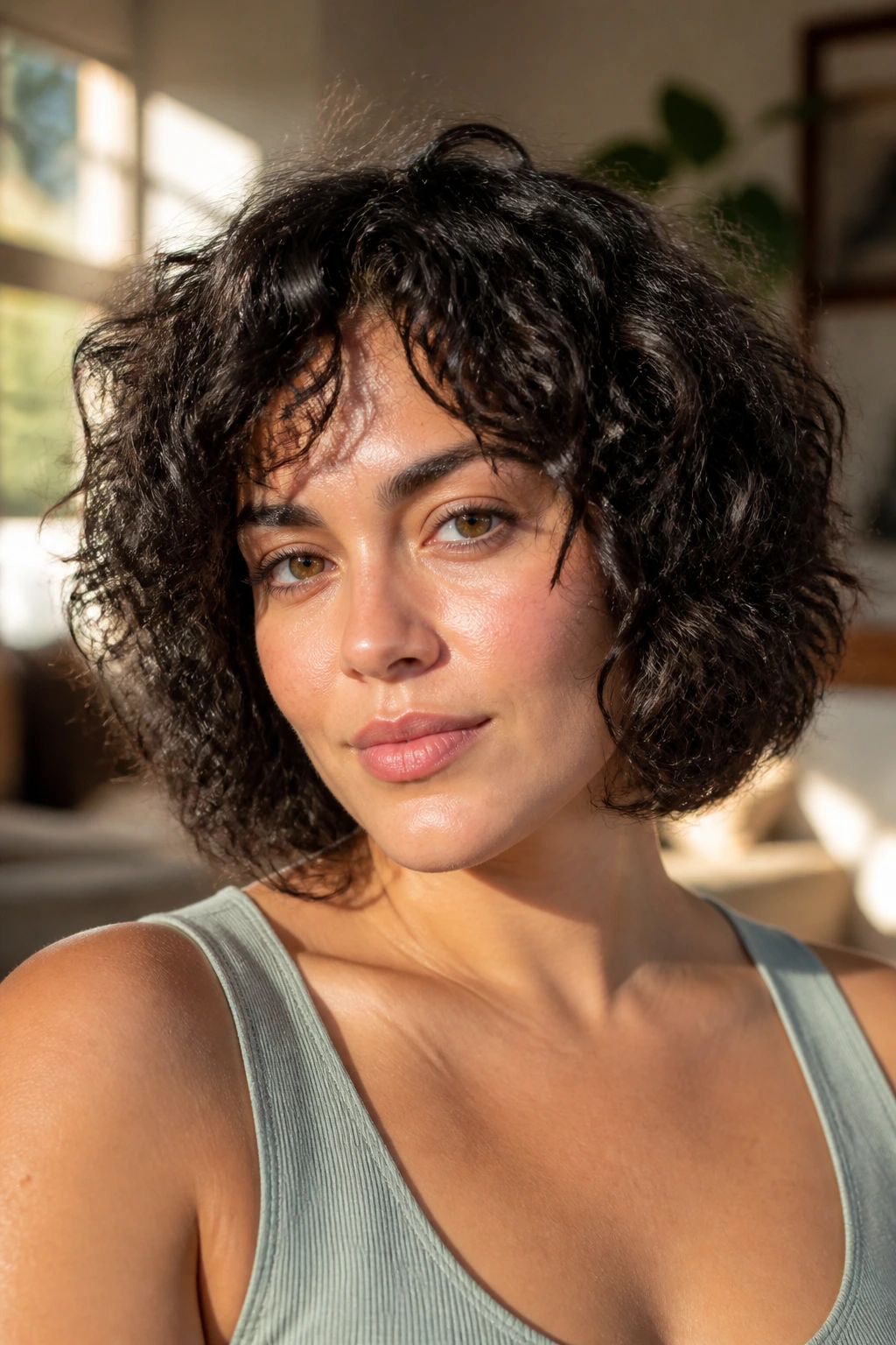 Close-up of a real woman with a razor-textured thick curly bob