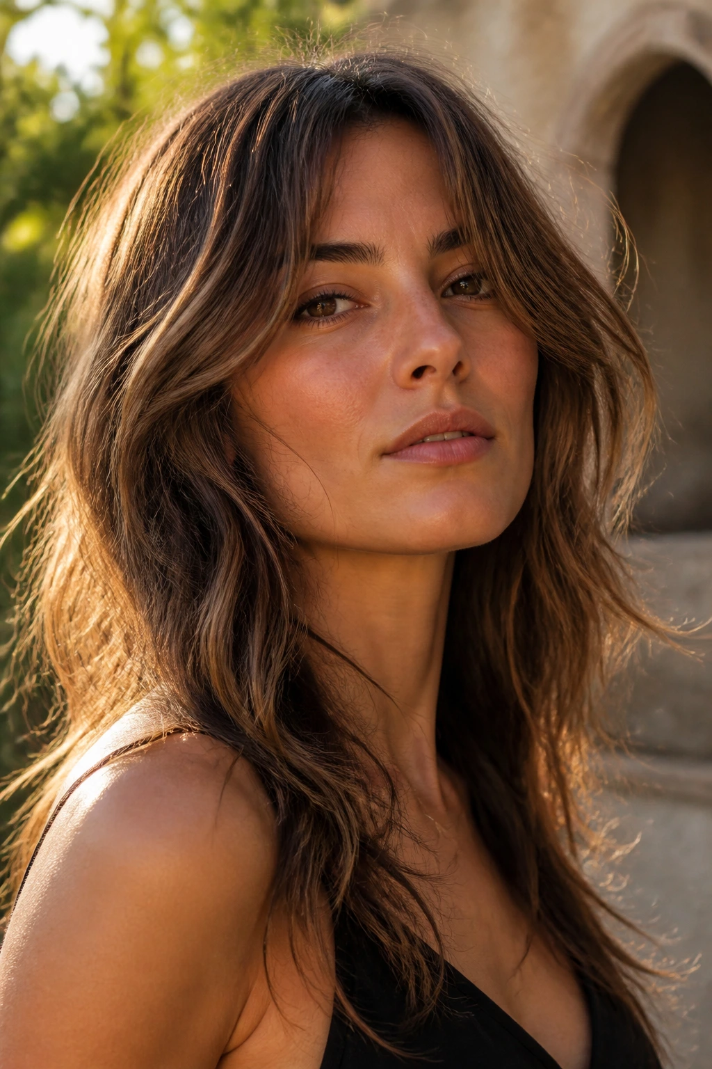 Portrait of a real woman with razor-textured waves and loose ends.