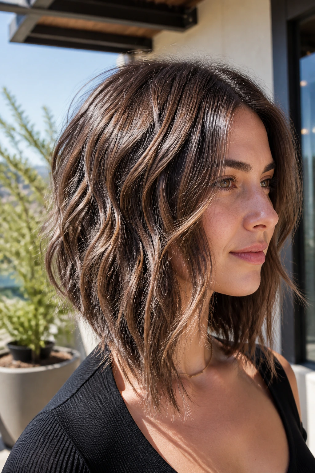 Close-up of a woman with razor-textured waves on a long inverted bob