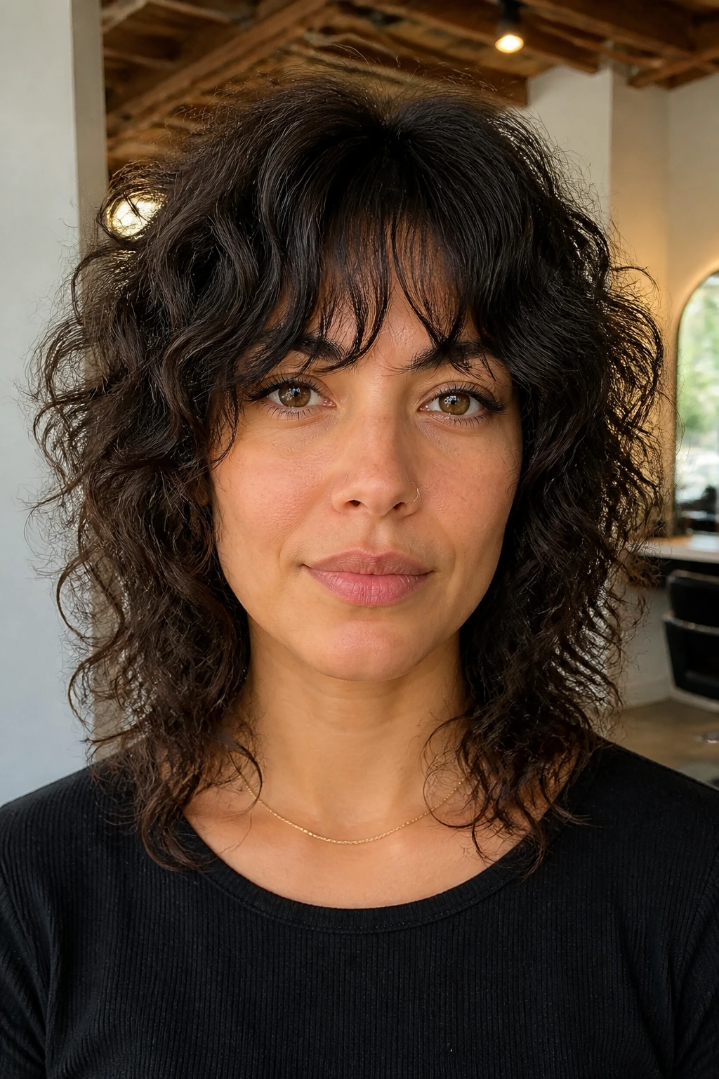Close-up of a real woman with razor-thinned shag showing curl clumps