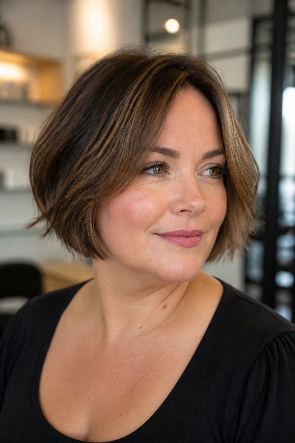 Close-up of a real woman with a razor-trimmed feathered bob around the face