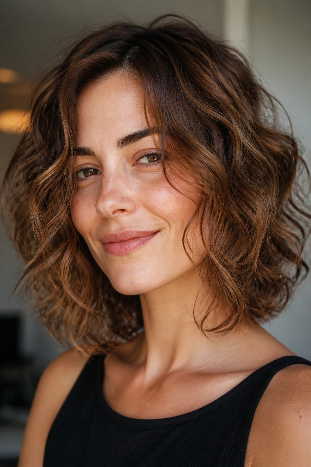 Close-up of a real woman with fine loose curls and razor-textured ends