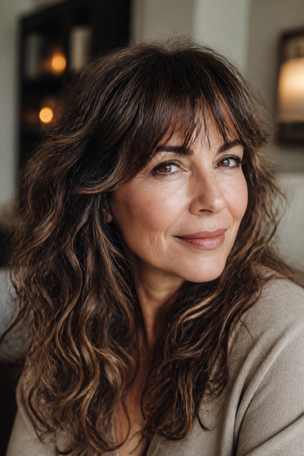 Close-up of a real woman with razor-cut bangs and dense wavy hair in soft light