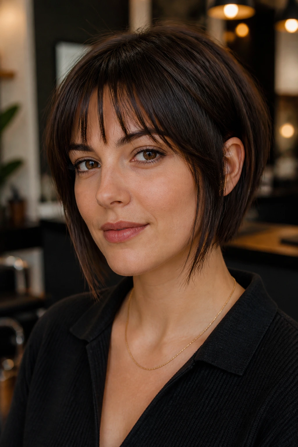 Close-up portrait of a real person with razor-cut bangs and long corner pieces in salon lighting