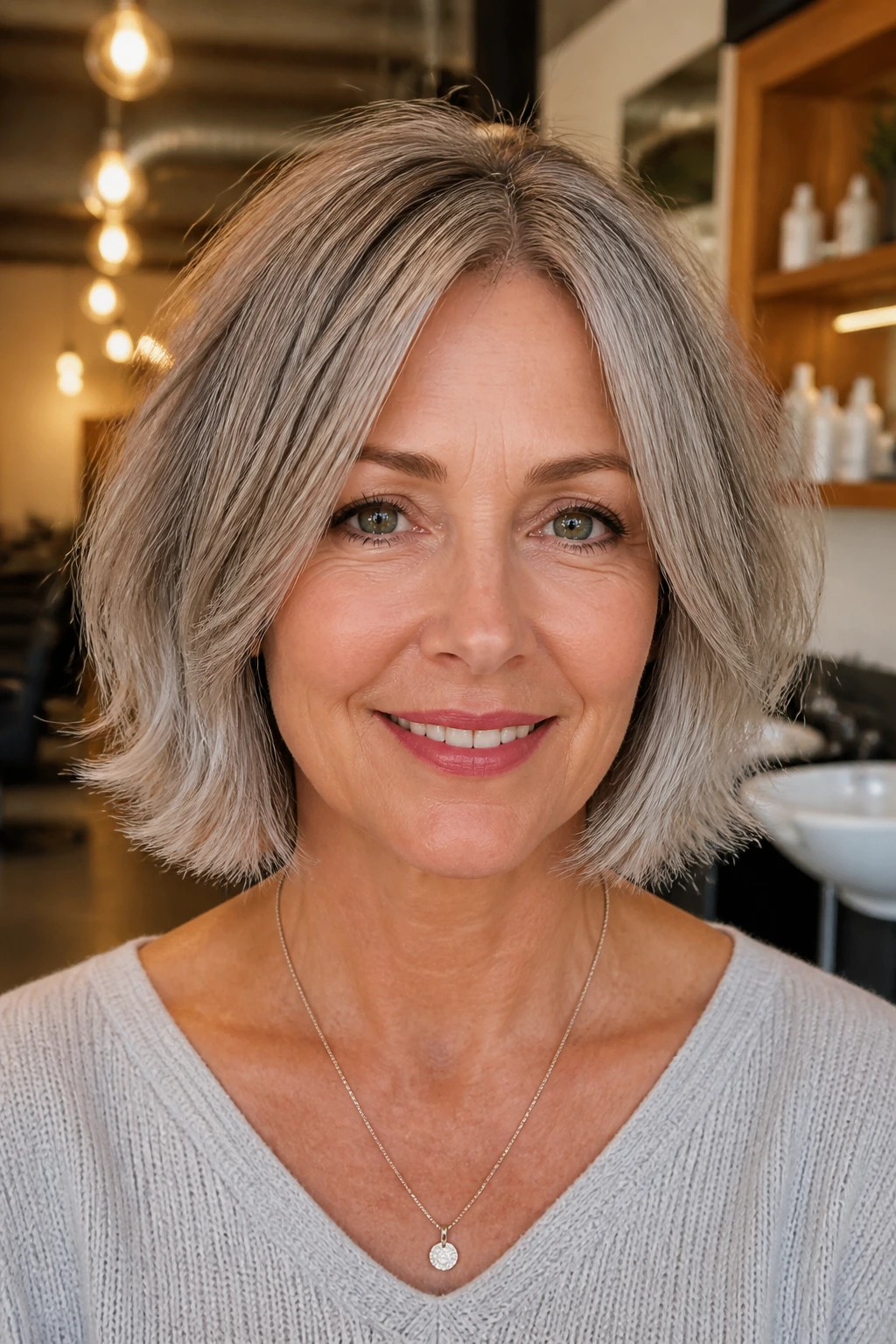 Close-up portrait of a real woman with a razored bob and airy ends, in a sunlit salon.