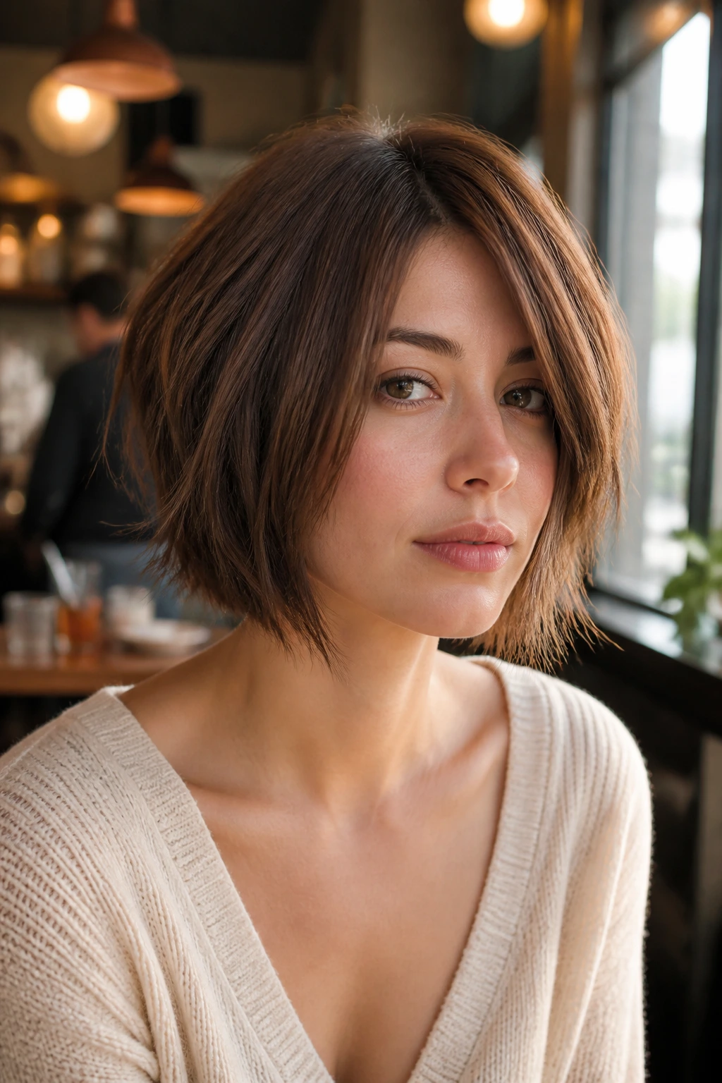 Close-up of razored bob with airy feathered ends.