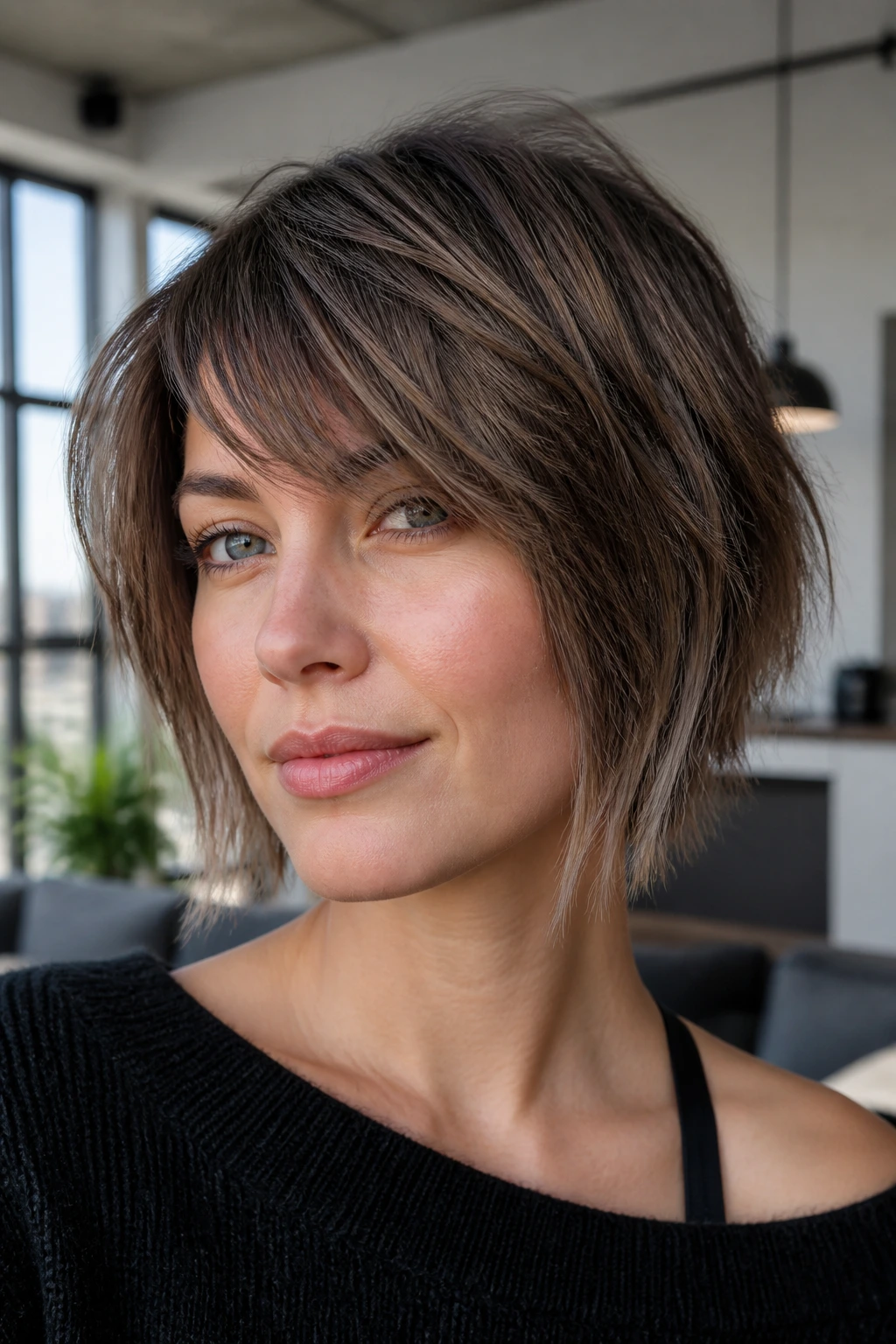 Close-up of a real woman showing a textured razored bob with broken ends