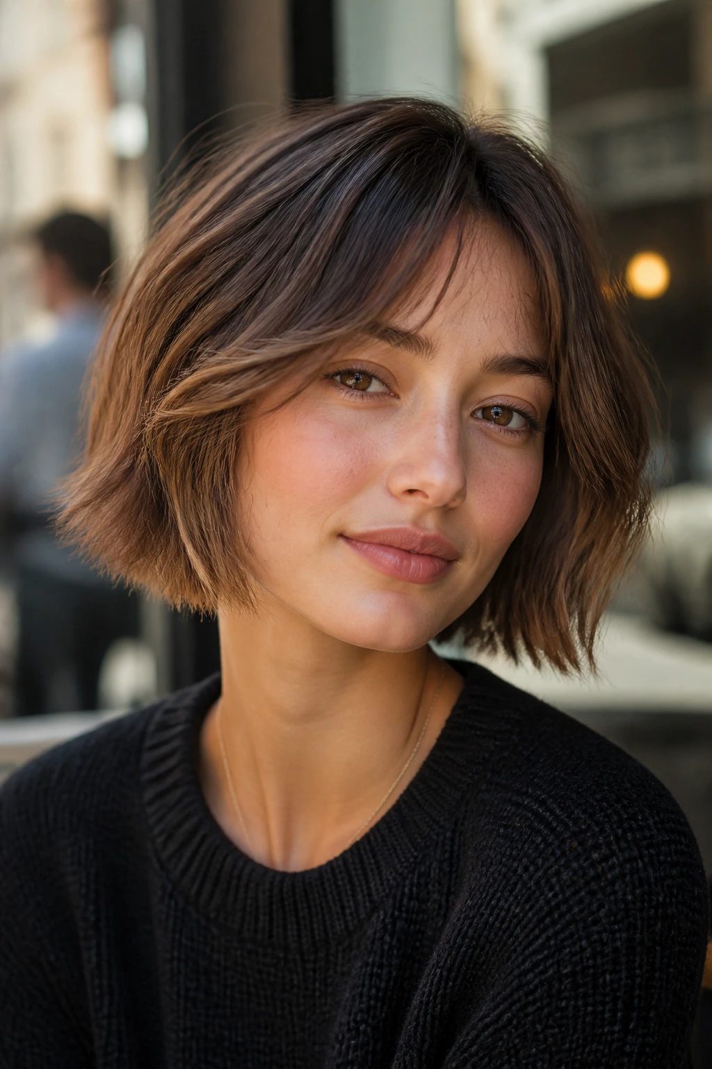 Portrait of a woman with a razor-textured bob ends in soft daylight